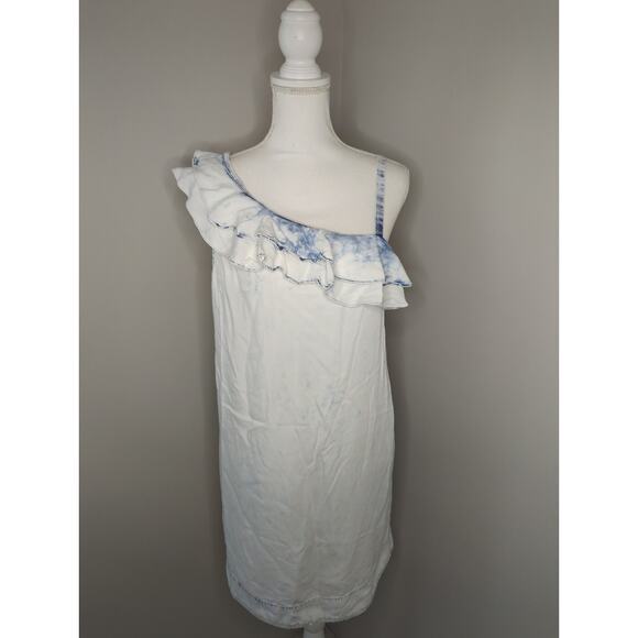 Holding Horses Anthropologie Med denim style acid wash off shoulder ruffle dress - Picture 1 of 7